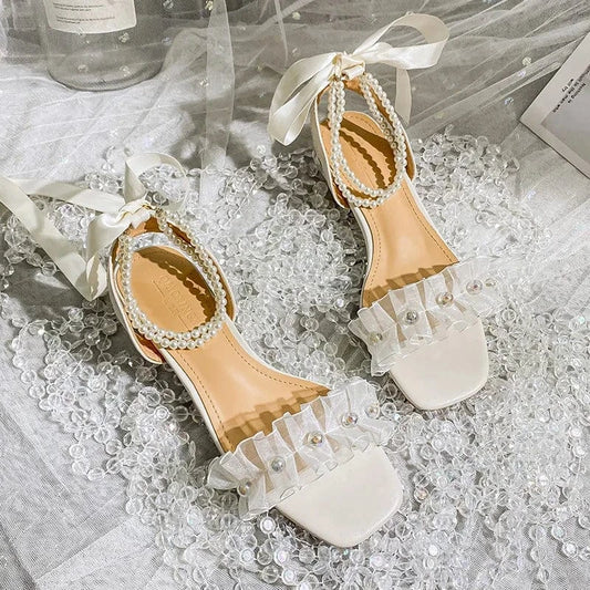Fairy Style Women Square-toe Lace-up Sandals Pearls Sweet Bowknot Comfort Low Heels Sandals