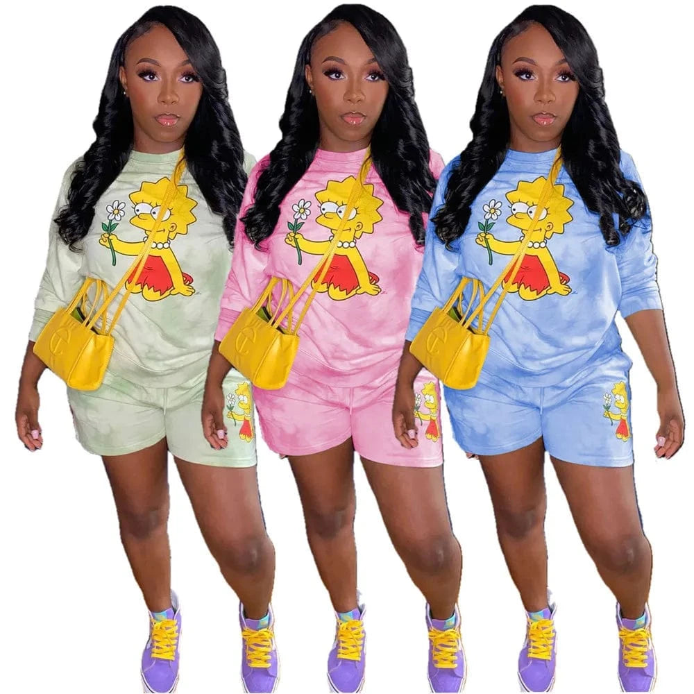Fall 2022 Women Clothes Cute Cartoon 2 Pieces Set Ladies Casual Two Piece Shorts Set Outfit for Adult