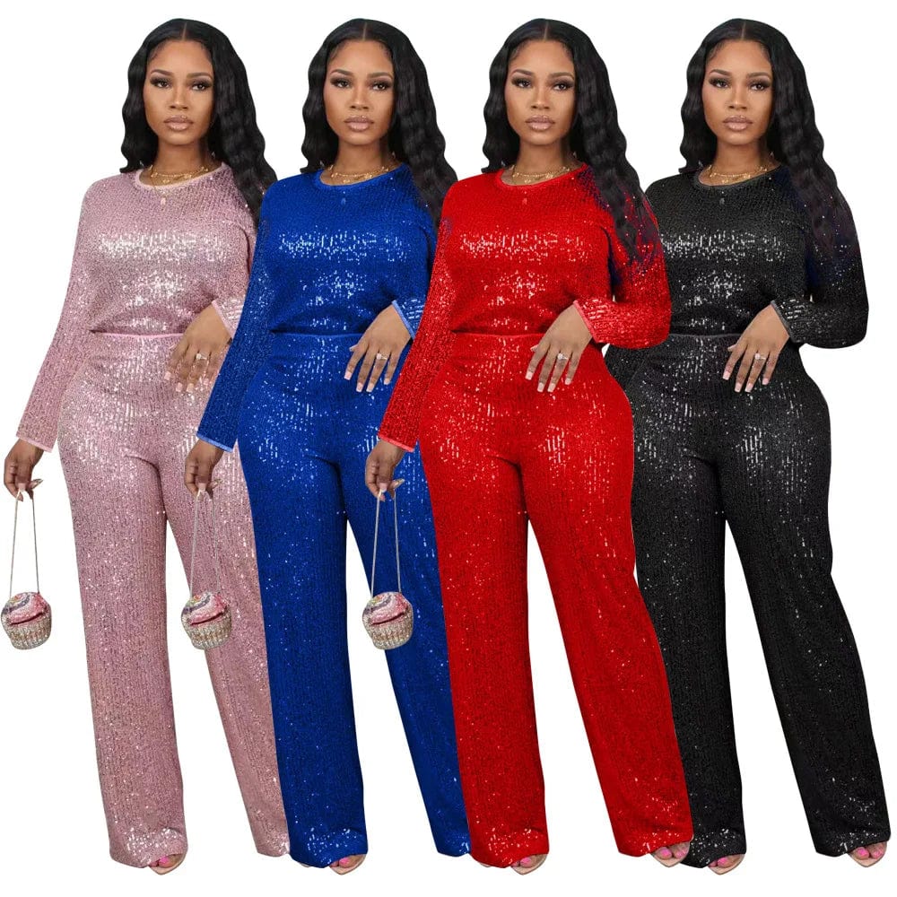Fall 2024 Fashion Sequin Women Sets Long Sleeve T-Shirt and Wide Leg Dressy Pants Suit Ladies Party Two 2 Piece Formal Outfits