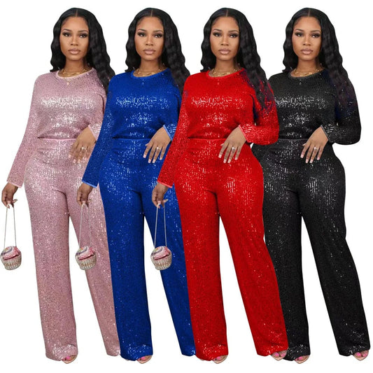 Fall 2024 Fashion Sequin Women Sets Long Sleeve T-Shirt and Wide Leg Dressy Pants Suit Ladies Party Two 2 Piece Formal Outfits