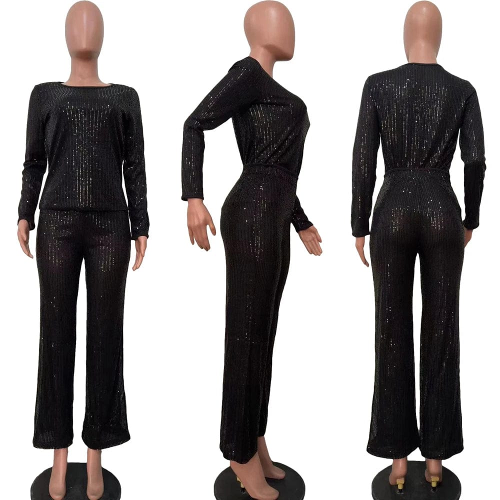 Fall 2024 Fashion Sequin Women Sets Long Sleeve T-Shirt and Wide Leg Dressy Pants Suit Ladies Party Two 2 Piece Formal Outfits