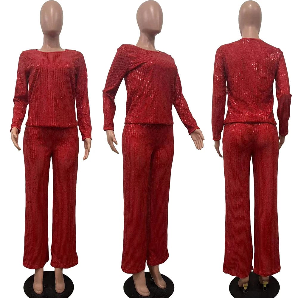 Fall 2024 Fashion Sequin Women Sets Long Sleeve T-Shirt and Wide Leg Dressy Pants Suit Ladies Party Two 2 Piece Formal Outfits