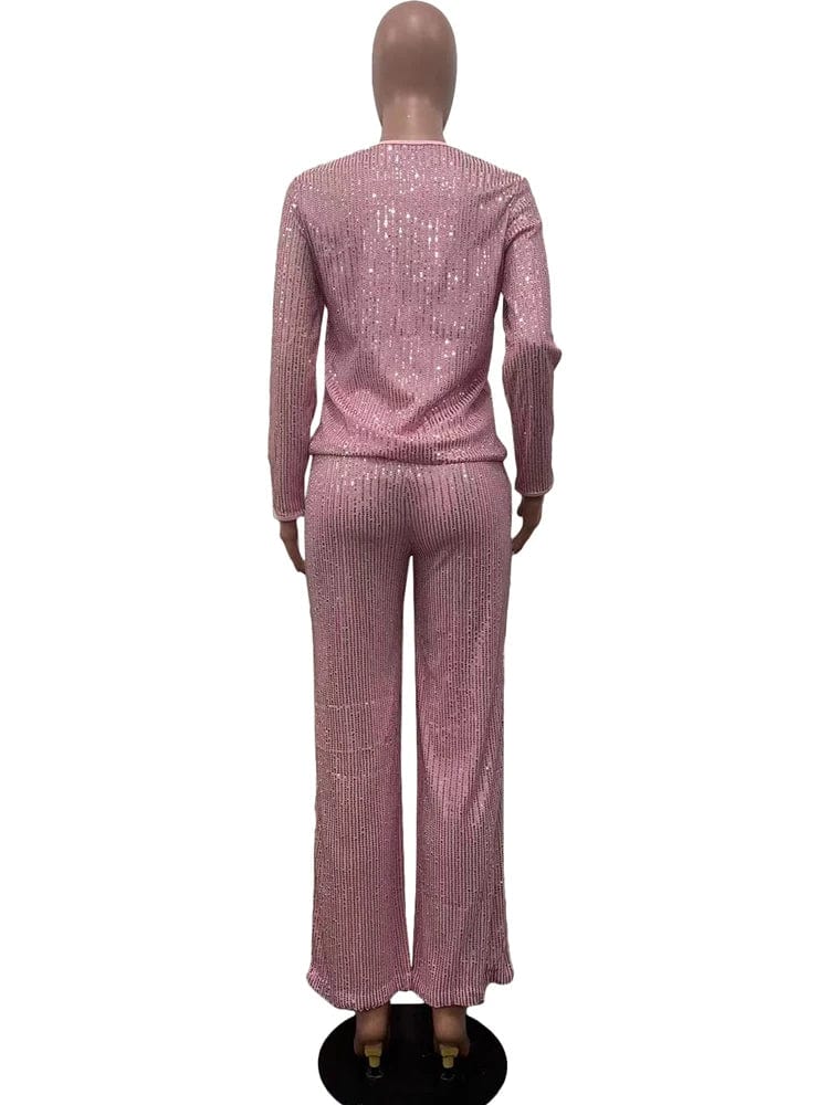 Fall 2024 Fashion Sequin Women Sets Long Sleeve T-Shirt and Wide Leg Dressy Pants Suit Ladies Party Two 2 Piece Formal Outfits