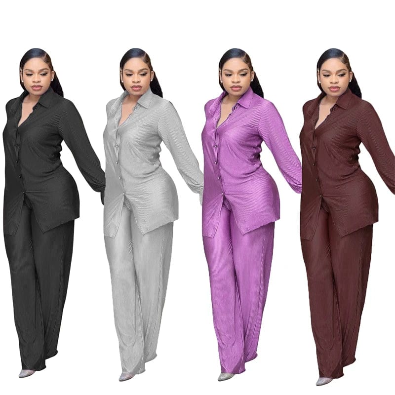 fall 2024 lady miyake pleated fabric african women two 2 piece long pleated shirt pant set 2024 clothes clothing for women 2022
