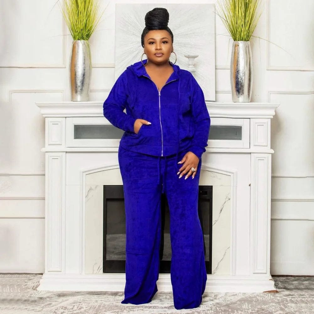 fall 2024 new products plus size women's clothing Solid color casual sports velvet fabric hooded  top two piece pants set