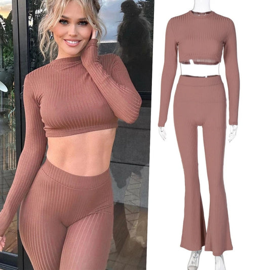 Fall 2024 Women Clothes 2 Piece Set Women Wide Leg Ladies Cozy Two Piece Custom Knit Ribbed Lounge Wear Sets For Women