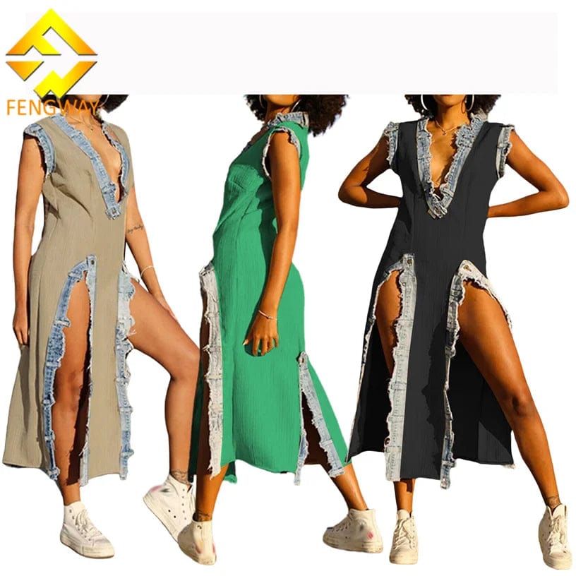 Fall 2024 Women Clothes Sleeveless Deep V Neck Dress Women Split Midi Dress Fashion Patchwork Denim Dresses