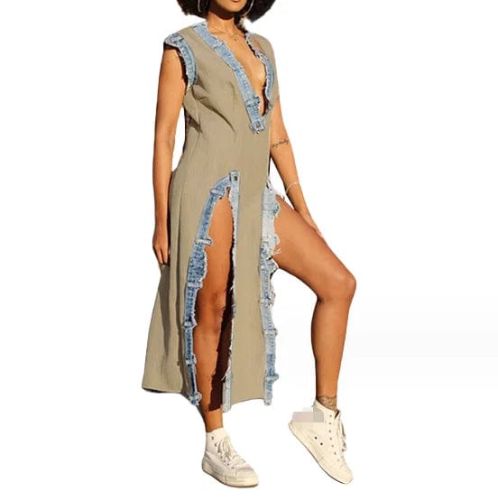 Fall 2024 Women Clothes Sleeveless Deep V Neck Dress Women Split Midi Dress Fashion Patchwork Denim Dresses