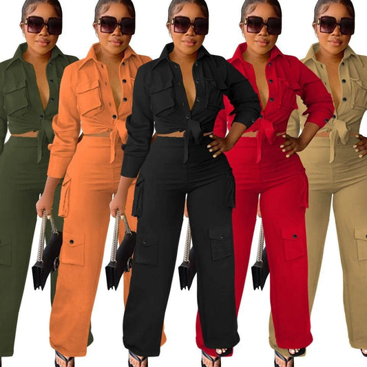 Fall Cargos Two Piece Set With Wide Legs Pants  Women Clothing Solid 2 Piece Pants Set Women 2023