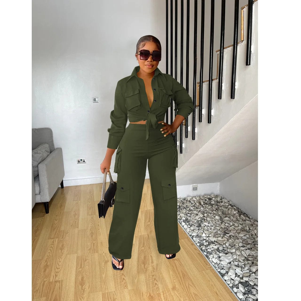 Fall Cargos Two Piece Set With Wide Legs Pants  Women Clothing Solid 2 Piece Pants Set Women 2023