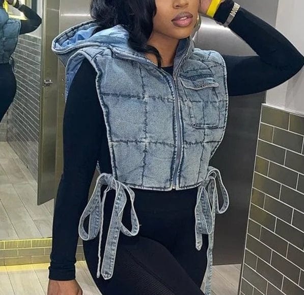 Fall Denim Clip Cotton Wash with Hooded Sleeveless Cargo Short Vest Casual Women Cotton Lining Woven