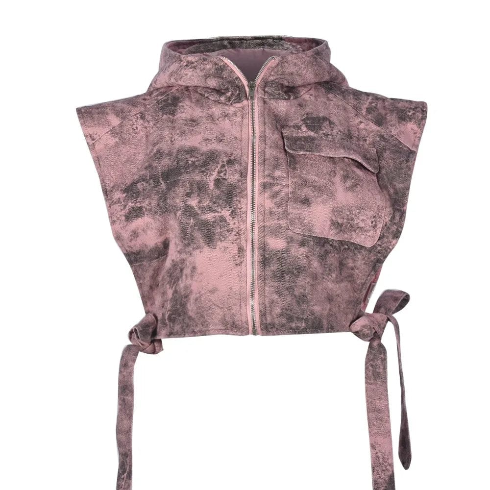 Fall Denim Clip Cotton Wash with Hooded Sleeveless Cargo Short Vest Casual Women Cotton Lining Woven