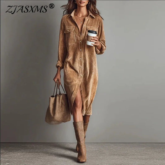 Fall Retro Solid Ribbed Corduroy Dress Woman Elegant Single Breasted Lapel Shirt Dresses Winter Long Sleeve Slit Female Clothing - SN Wigs & More
