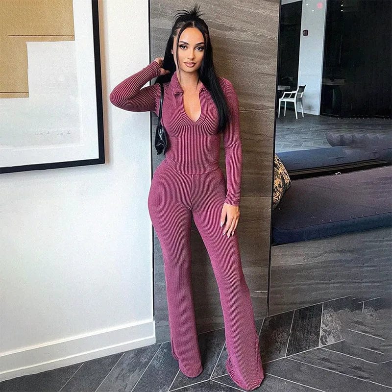 fall spring 2024 women ladies striped v neck outfit two 2 piece long sleeve top shirt and pants set streetwear clothes for women