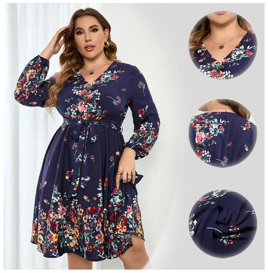 Fall Style Women Plus Size Large Long Dresses Casual Chic Elegant Blue Floral Boho Party Evening Festival Turkish Clothing Dress