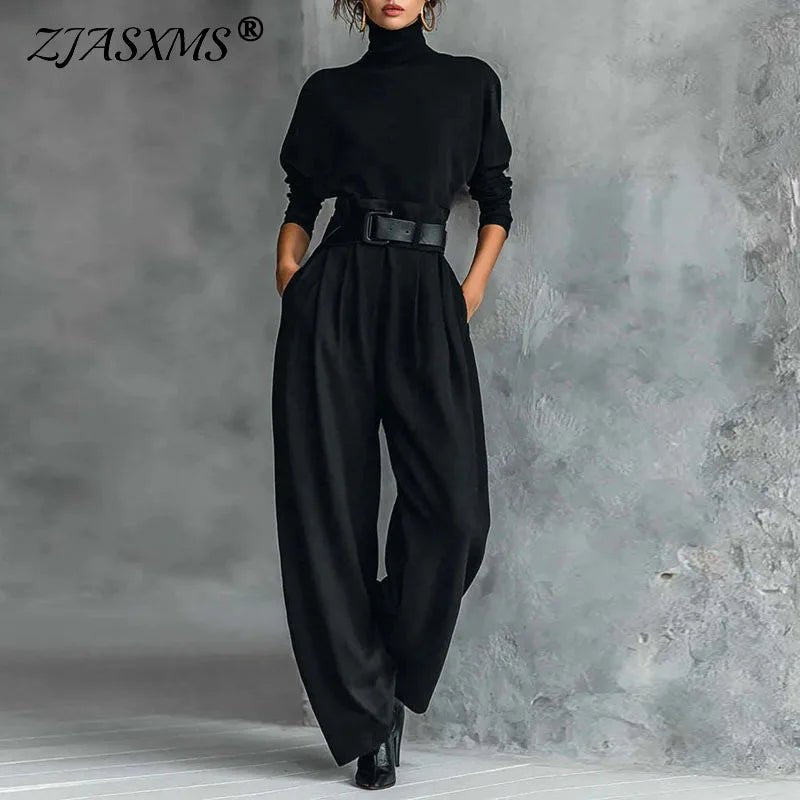Fall Turtleneck Bottom Shirt Suit Pants Suit Woman Chic Solid High Waist Straight Outfit Winter Long Sleeve Pullover 2 Piece Set - SN Wigs & More