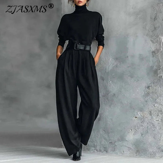 Fall Turtleneck Bottom Shirt Suit Pants Suit Woman Chic Solid High Waist Straight Outfit Winter Long Sleeve Pullover 2 Piece Set - SN Wigs & More