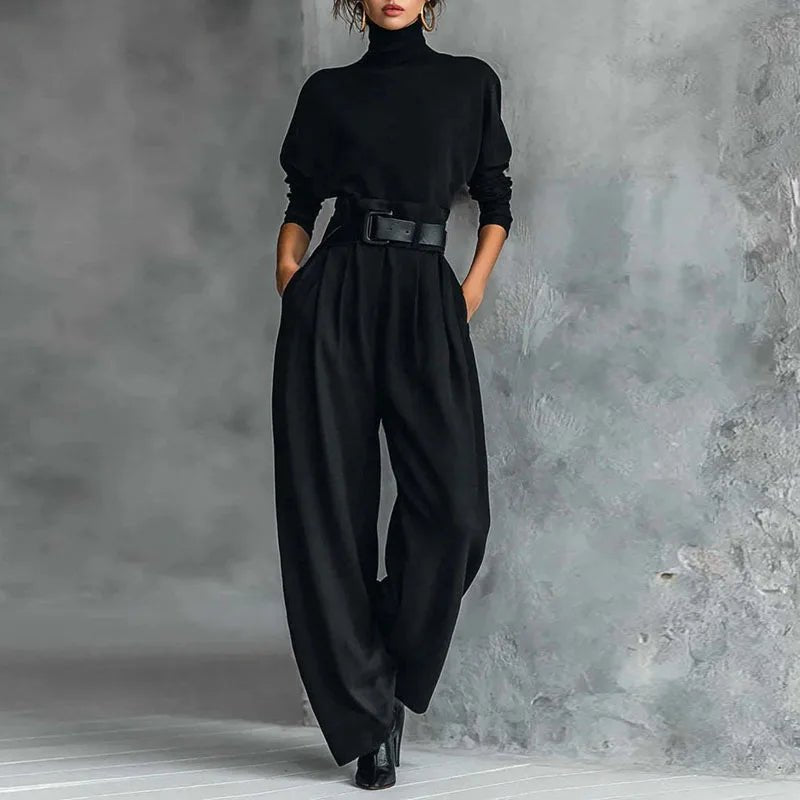 Fall Turtleneck Bottom Shirt Suit Pants Suit Woman Chic Solid High Waist Straight Outfit Winter Long Sleeve Pullover 2 Piece Set - SN Wigs & More