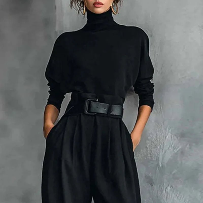 Fall Turtleneck Bottom Shirt Suit Pants Suit Woman Chic Solid High Waist Straight Outfit Winter Long Sleeve Pullover 2 Piece Set - SN Wigs & More