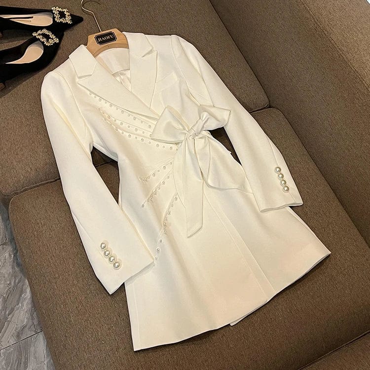 Fall Winter Fashion Cloth Women Delicacy Bow Designed Long Sleeve Notched Beading Lady Blazer Dress