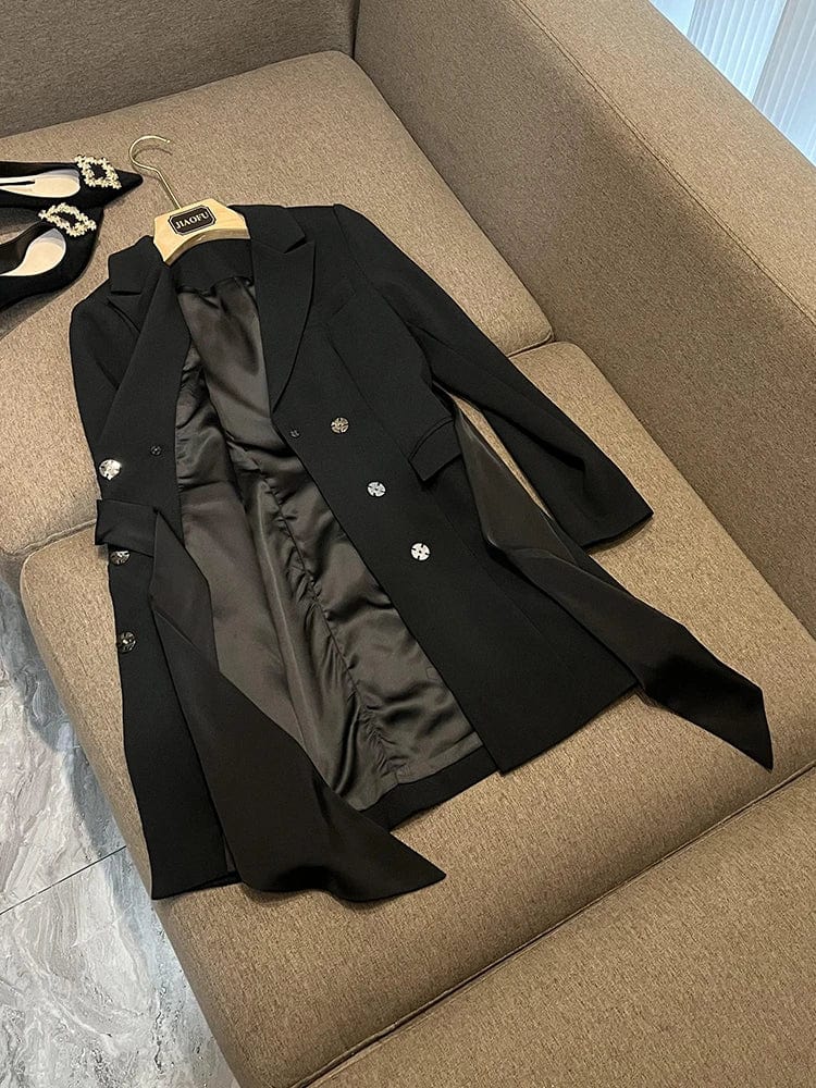 Fall Winter Fashion Cloth Women Delicacy Bow Designed Long Sleeve Notched Beading Lady Blazer Dress