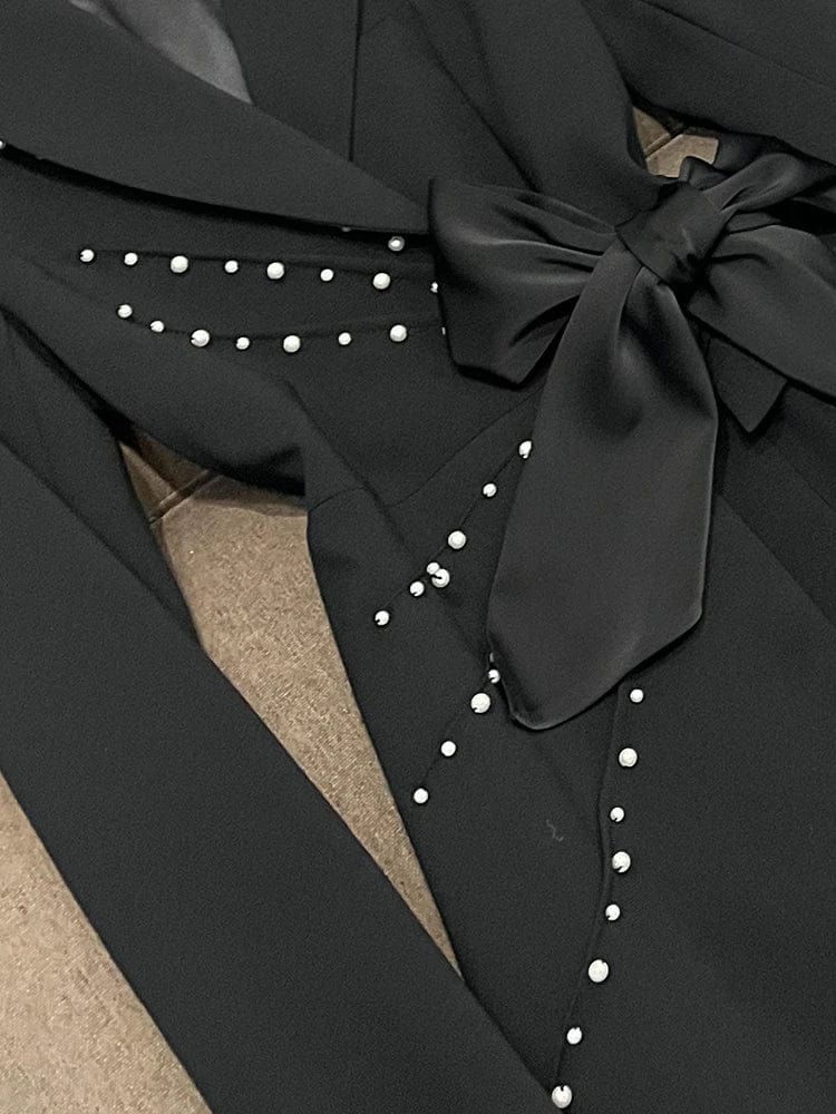 Fall Winter Fashion Cloth Women Delicacy Bow Designed Long Sleeve Notched Beading Lady Blazer Dress