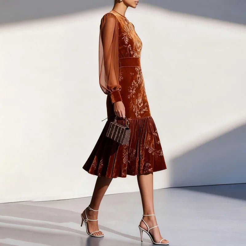 Fall Winter Floral Print Pleated Velvet Dresses Woman O Neck High Waist Slim Party Dress Sexy Splicing Mesh Sleeve Mermaid Dress - SN Wigs & More