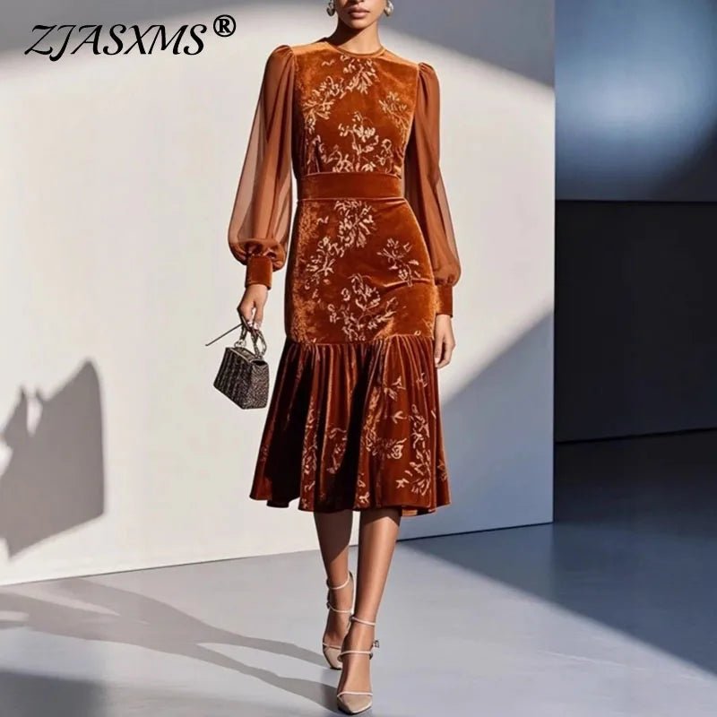 Fall Winter Floral Print Pleated Velvet Dresses Woman O Neck High Waist Slim Party Dress Sexy Splicing Mesh Sleeve Mermaid Dress - SN Wigs & More