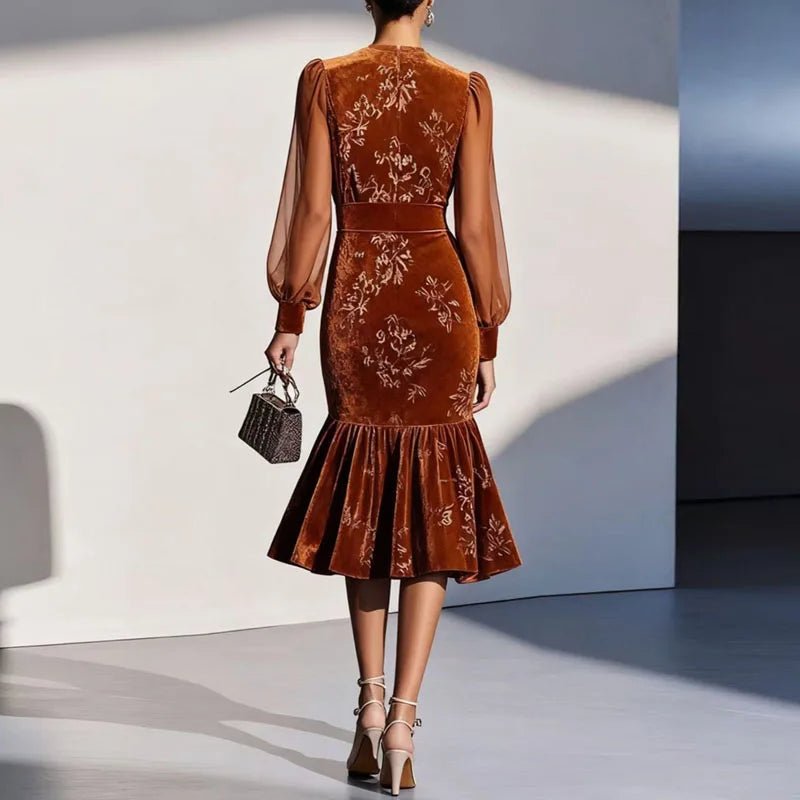 Fall Winter Floral Print Pleated Velvet Dresses Woman O Neck High Waist Slim Party Dress Sexy Splicing Mesh Sleeve Mermaid Dress - SN Wigs & More