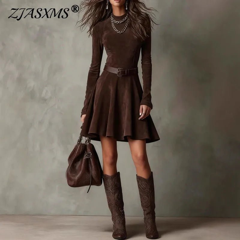 Fall Winter Long Sleeve A - Line Mini Dress Woman Elegant O Neck Solid Suede Vintage Dresses Fashion Slim Bodycon Sexy Party Dress - SN Wigs & More