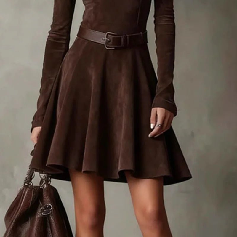 Fall Winter Long Sleeve A - Line Mini Dress Woman Elegant O Neck Solid Suede Vintage Dresses Fashion Slim Bodycon Sexy Party Dress - SN Wigs & More