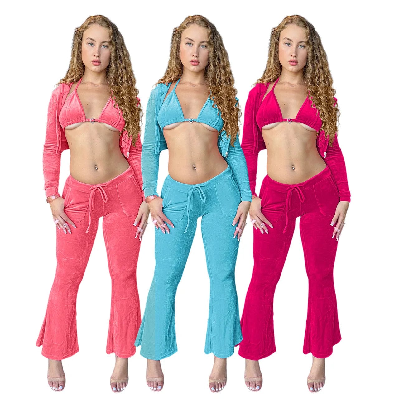 Fall Winter Velvet 3 Piece Women Pants Set Sexy Club Wear Velour Zip Up Hooded Jacket Diamond Bra Bell Bottom Ladies Outfit