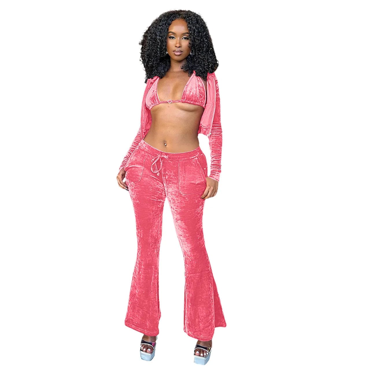 Fall Winter Velvet 3 Piece Women Pants Set Sexy Club Wear Velour Zip Up Hooded Jacket Diamond Bra Bell Bottom Ladies Outfit