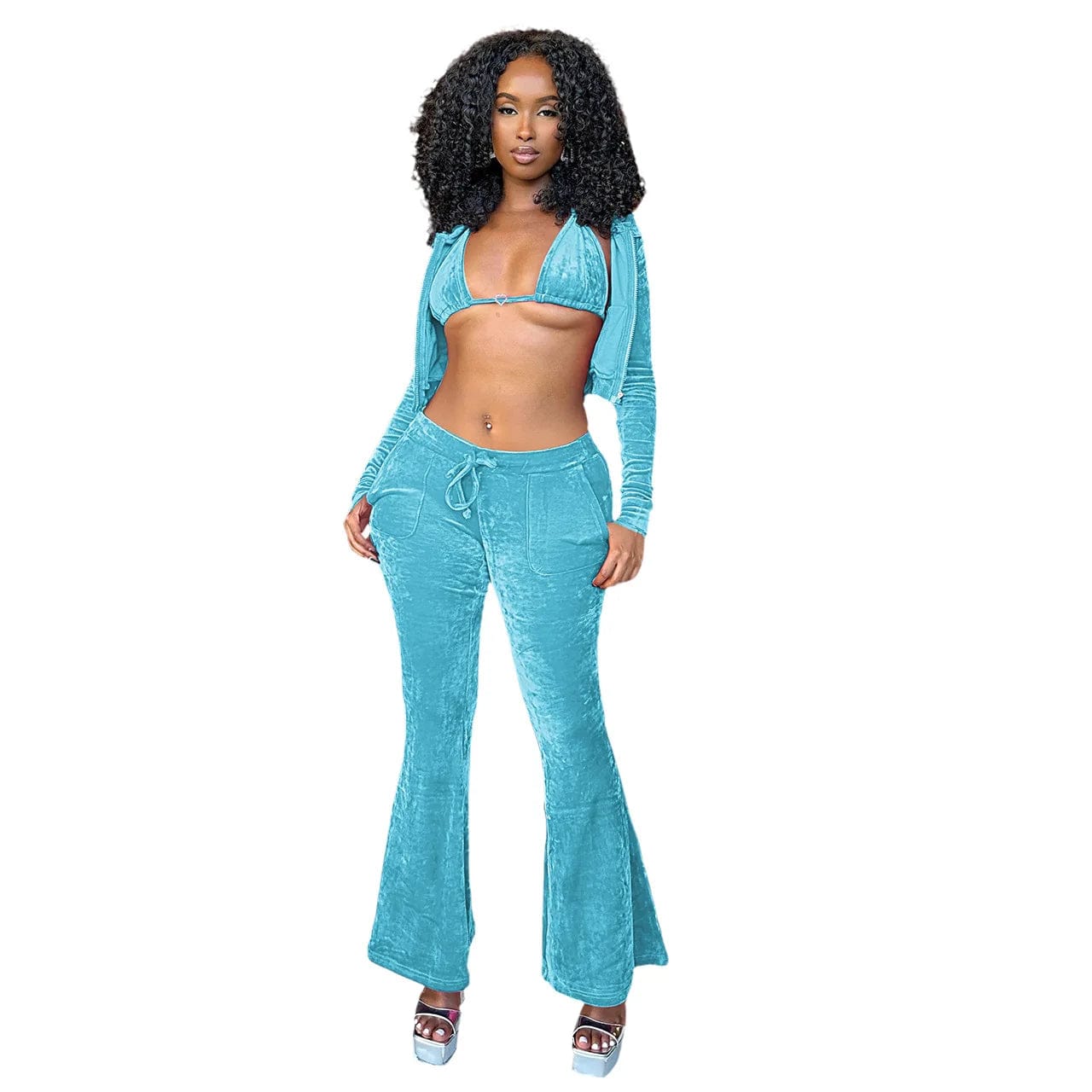 Fall Winter Velvet 3 Piece Women Pants Set Sexy Club Wear Velour Zip Up Hooded Jacket Diamond Bra Bell Bottom Ladies Outfit
