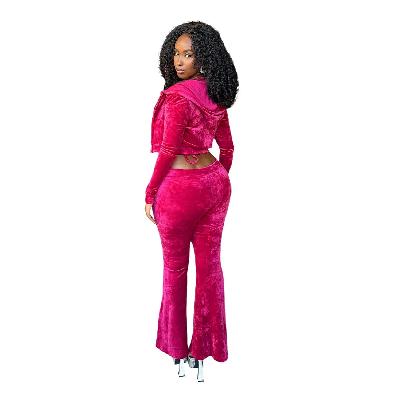 Fall Winter Velvet 3 Piece Women Pants Set Sexy Club Wear Velour Zip Up Hooded Jacket Diamond Bra Bell Bottom Ladies Outfit