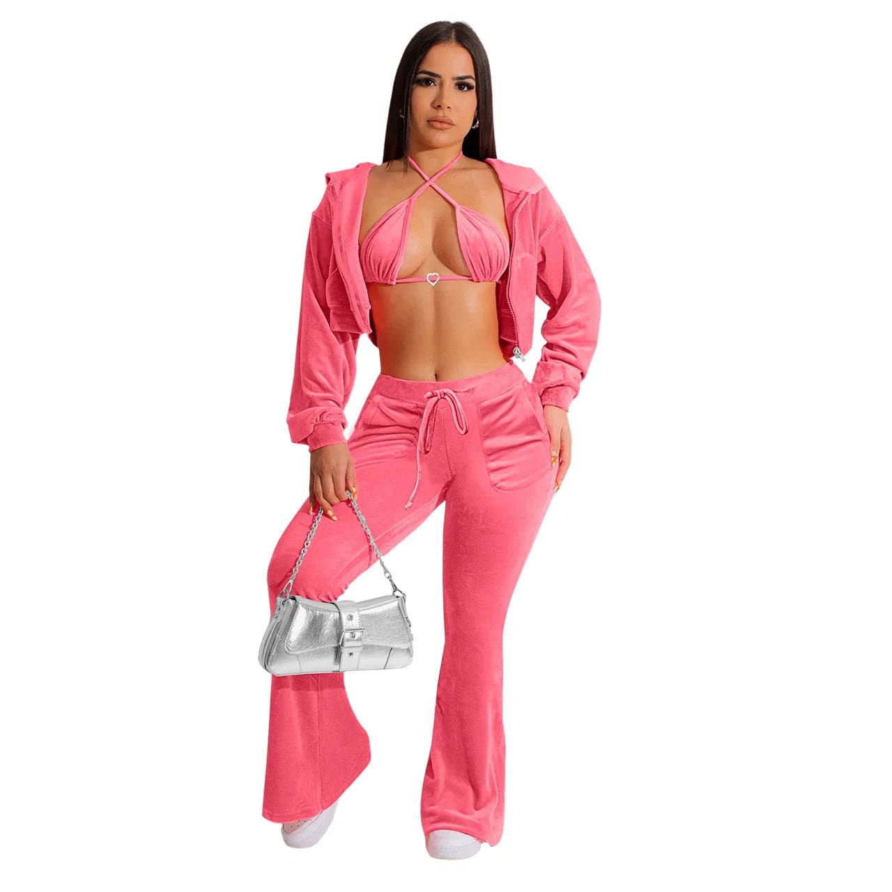 Fall Winter Velvet 3 Piece Women Pants Set Sexy Club Wear Velour Zip Up Hooded Jacket Diamond Bra Bell Bottom Ladies Outfit