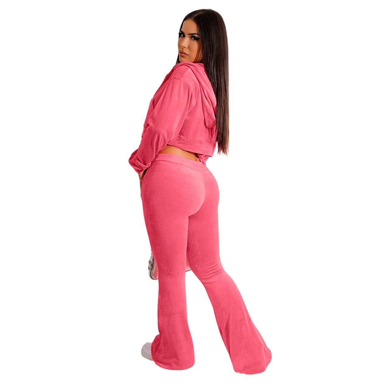 Fall Winter Velvet 3 Piece Women Pants Set Sexy Club Wear Velour Zip Up Hooded Jacket Diamond Bra Bell Bottom Ladies Outfit