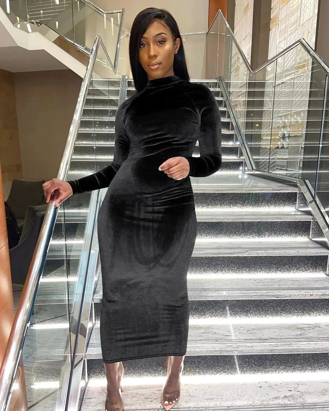 Fall &Winter Velvet Women Dress Slim Fit Bodycon Ladies Solid Long Dress for Women Clothing
