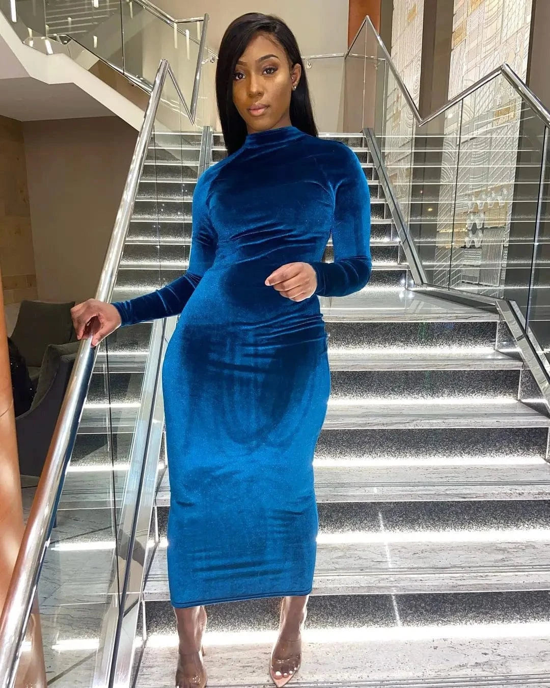 Fall &Winter Velvet Women Dress Slim Fit Bodycon Ladies Solid Long Dress for Women Clothing