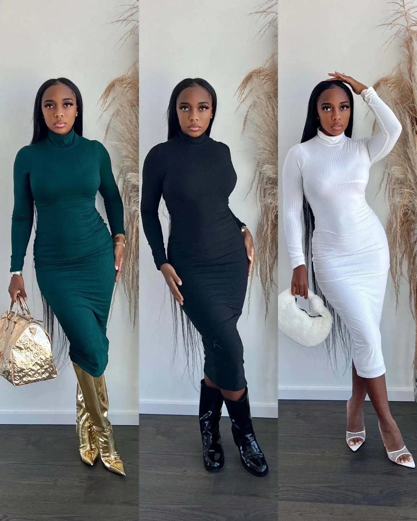 Fall &Winter Women Dress Slim Fit Bodycon Turtleneck Ribbed Ladies Solid Long Dress for Women Clothing