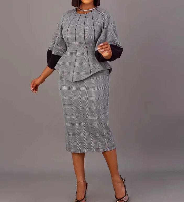 Fall Winter Women's Clothing Patchwork Lantren Sleeve Tops And Midi Skirt Set Fashion Print Split 2 Piece Skirt Set