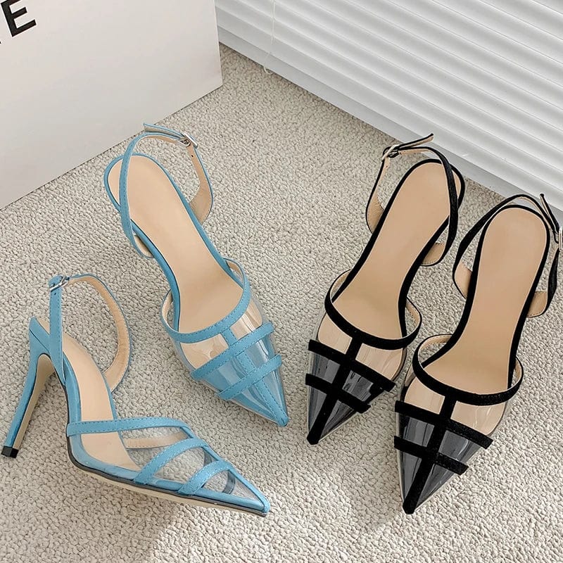 fancy shoes for ladies blue pointed head stripe party shoes buckle manufacturer sandals pointed toe women medium heel shoes