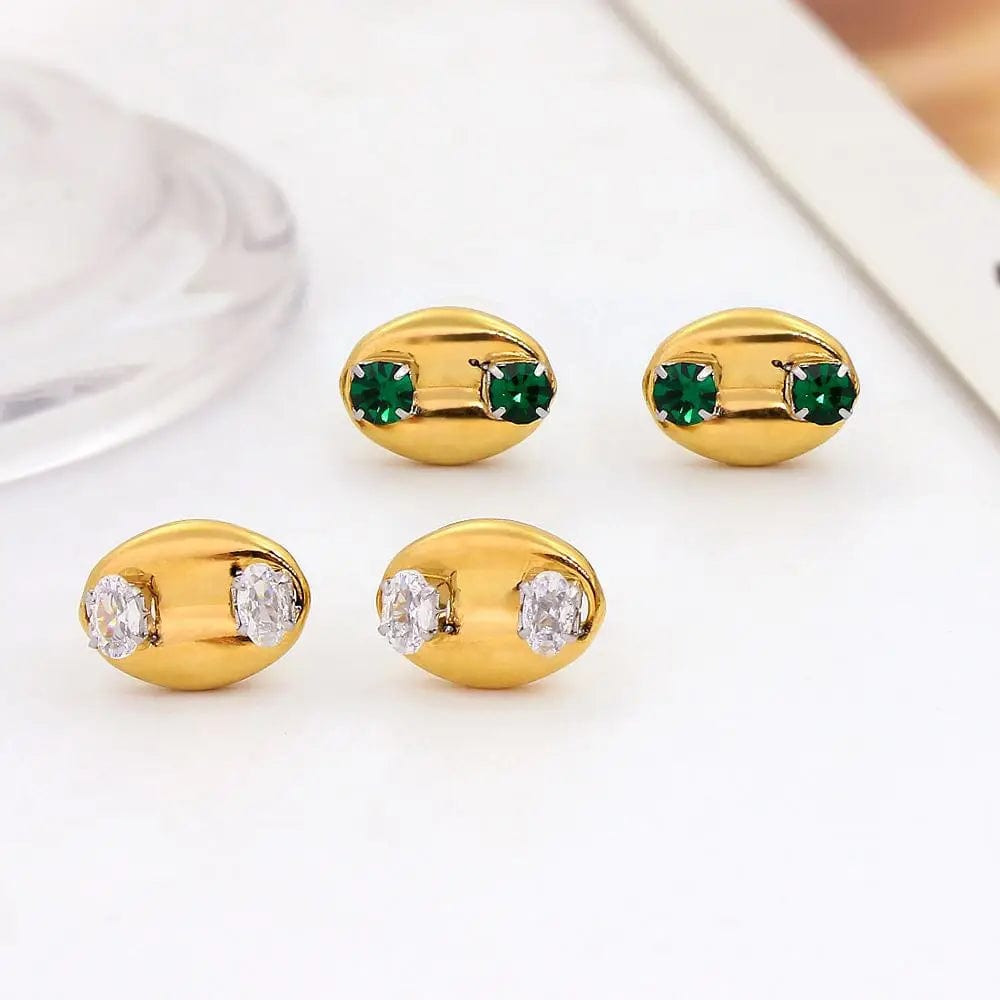 FANJIN Bling Zircon Inlaid Coffee Bean Ear Studs 18k Gold Plated Stainless Steel Earrings for Women Girls Prevent Allergy