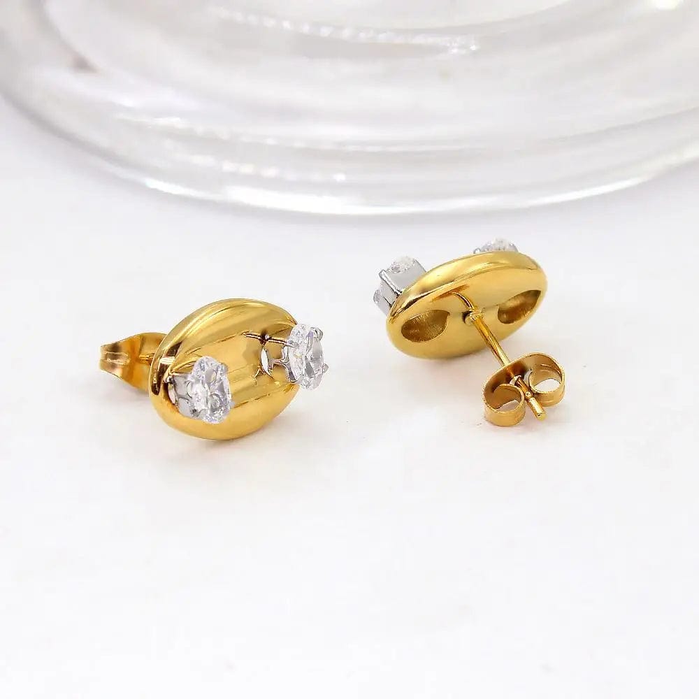 FANJIN Bling Zircon Inlaid Coffee Bean Ear Studs 18k Gold Plated Stainless Steel Earrings for Women Girls Prevent Allergy