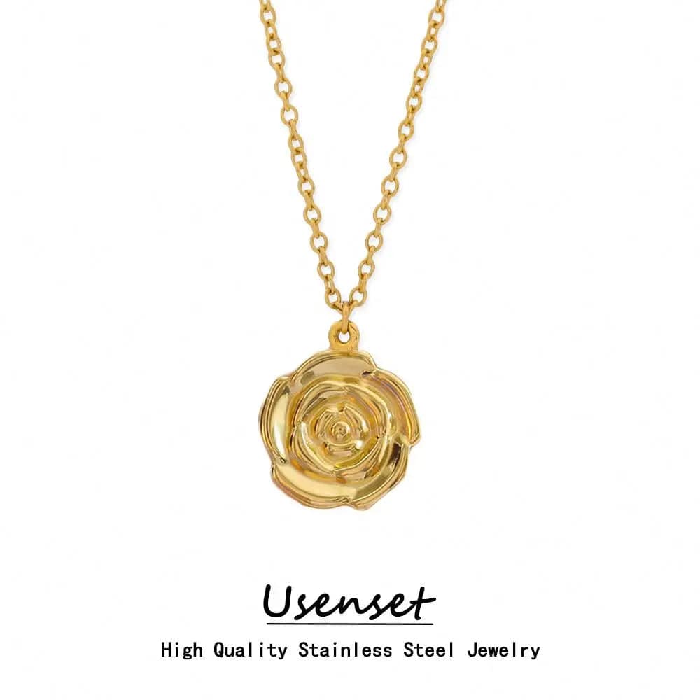 FANJIN FANJIN Stainless Steel Jewelry Personalized Gold Flower Big Rose Pendant Necklace For Women 18K Gold Plated Waterproof