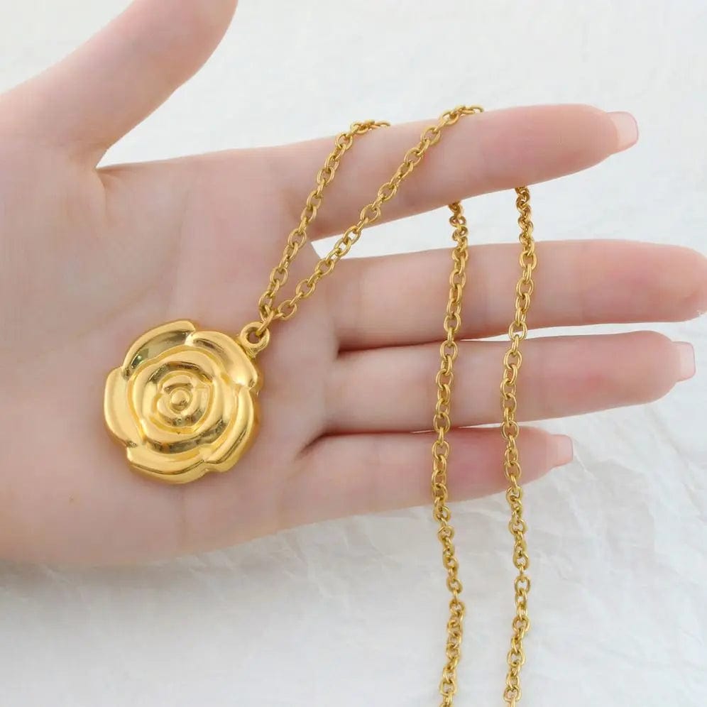 FANJIN FANJIN Stainless Steel Jewelry Personalized Gold Flower Big Rose Pendant Necklace For Women 18K Gold Plated Waterproof