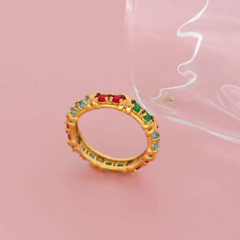 FANJIN  Luxury Icy Out Bling Fashion Cubic Zircon Rings For Women Stainless Steel Rainbow CZ Paved Finger Wedding Jewelry