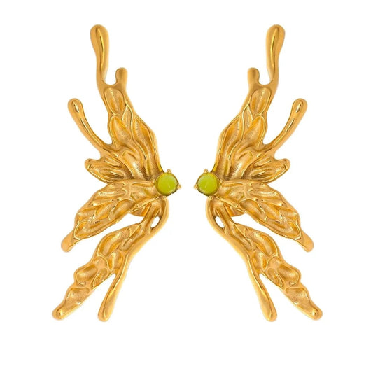 FANJIN New Arrival Stainless Steel Natural Stone Earring Wings Earrings Large Bling Earrings Women Party Jewelry