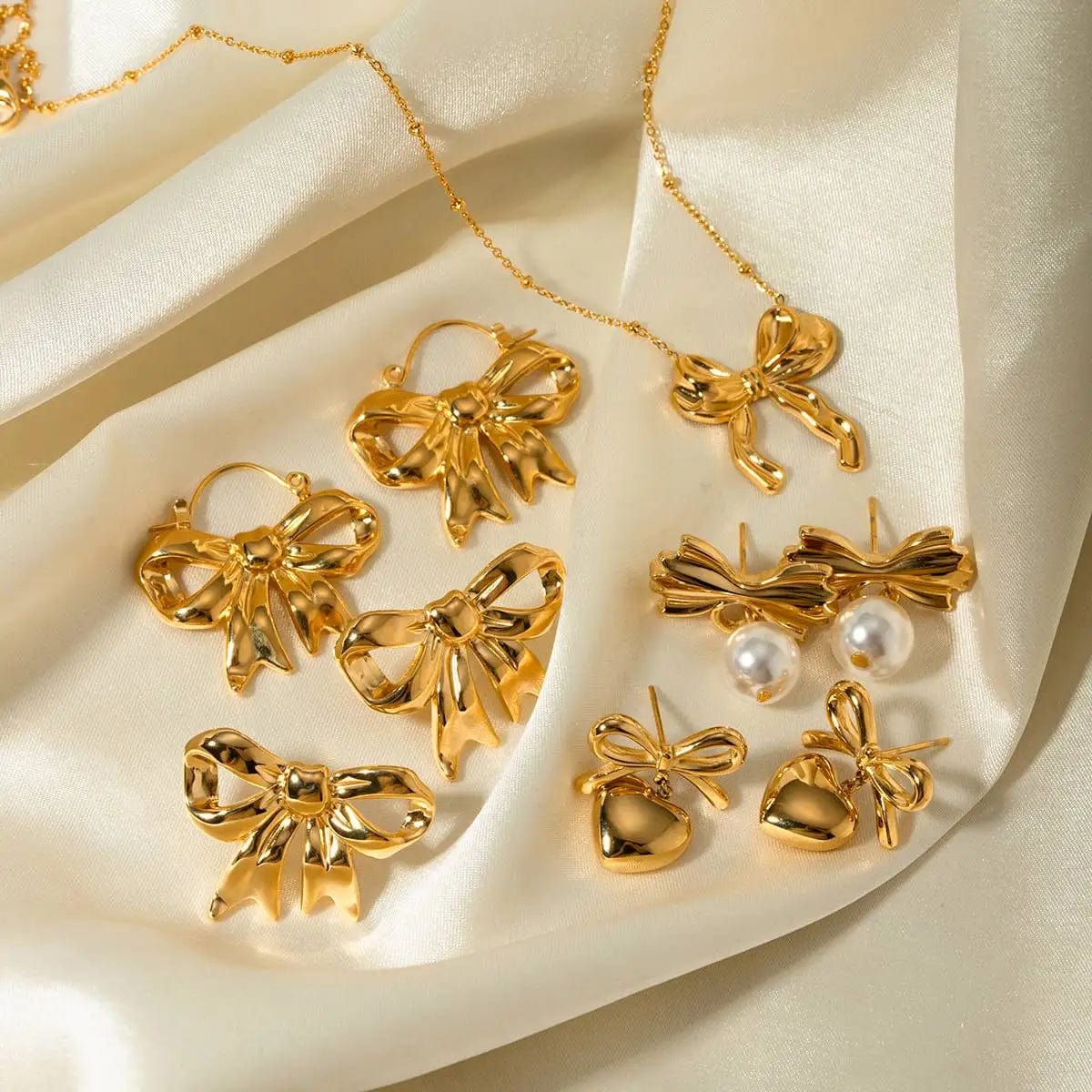 FANJIN New Trend Bow Design Series Rings Gold Jewelry Stainless Steel Bow Pendant Necklace Earrings Sets