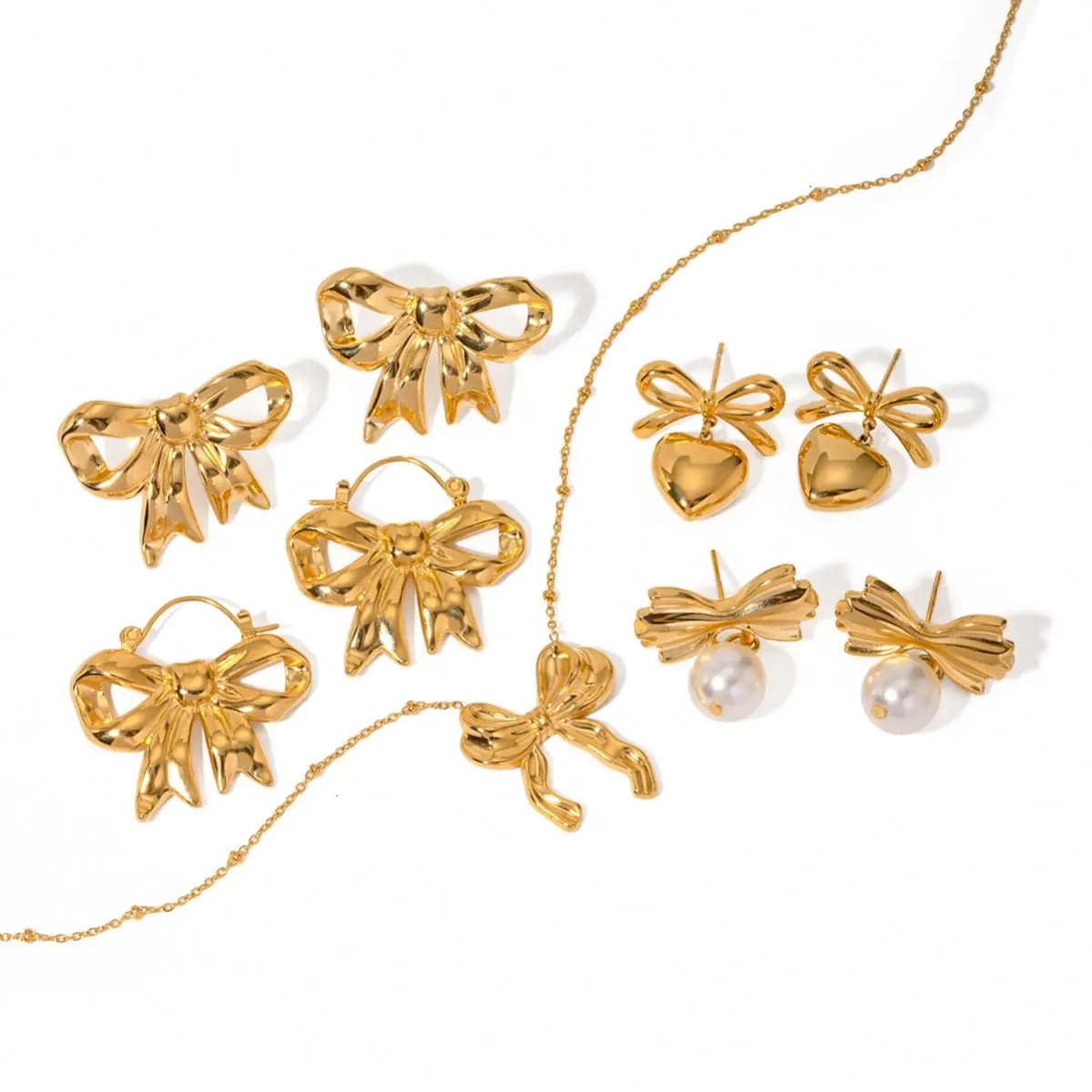 FANJIN New Trend Bow Design Series Rings Gold Jewelry Stainless Steel Bow Pendant Necklace Earrings Sets